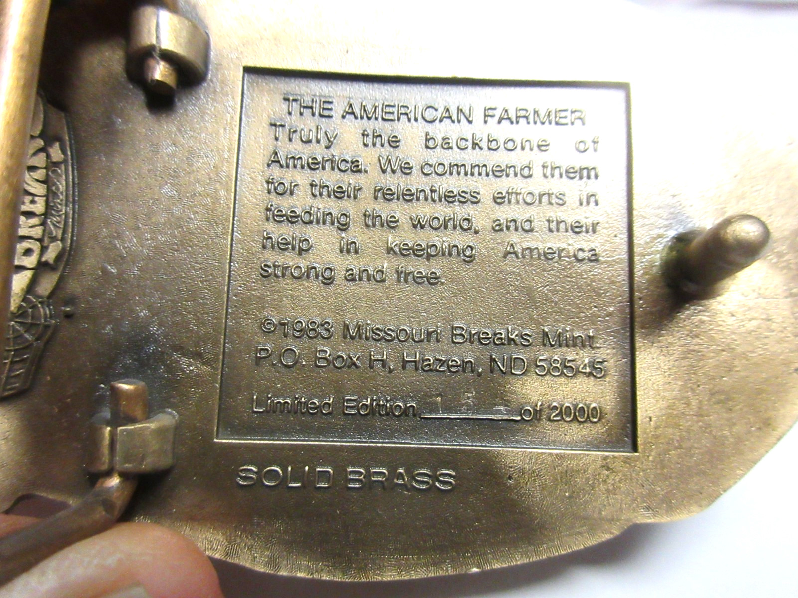 solid brass 1983 American Farming We Feed the World, belt buckle Missouri Breaks
