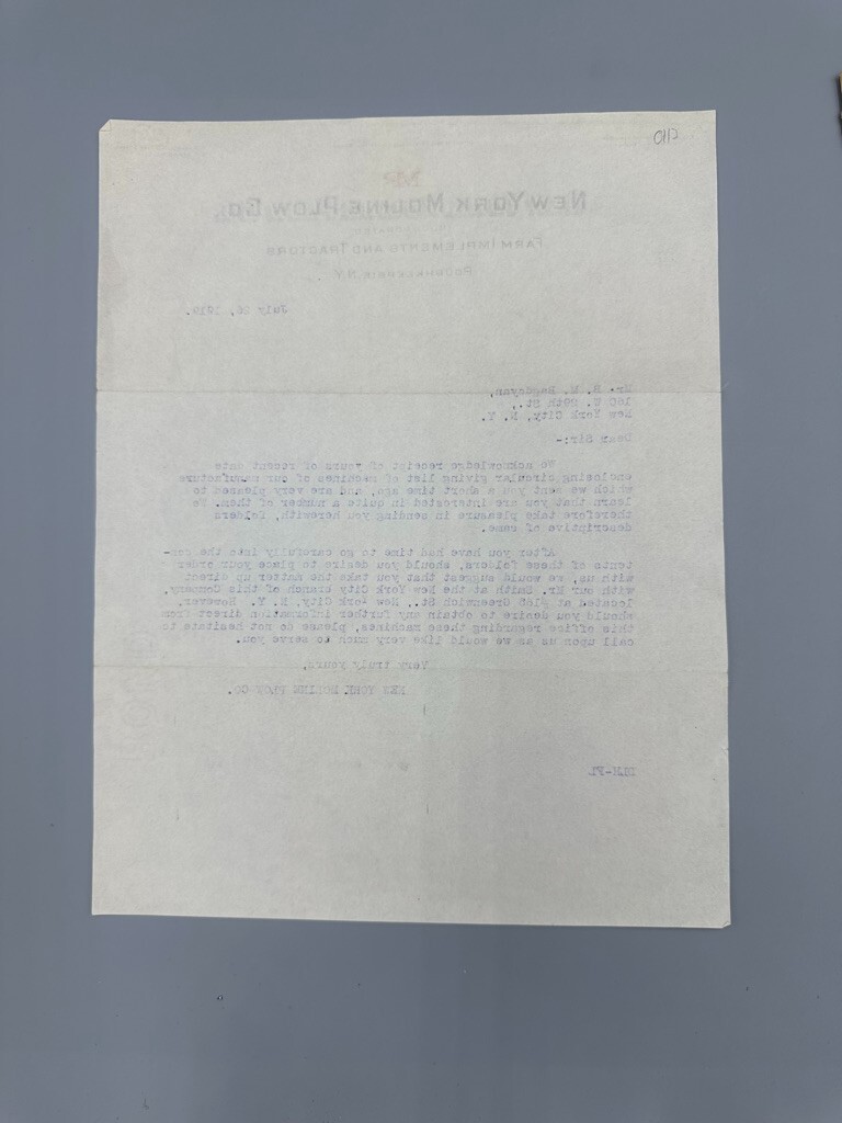 1919 NEW YORK MOLINE PLOW Co FARM Advertising Letter & Envelope