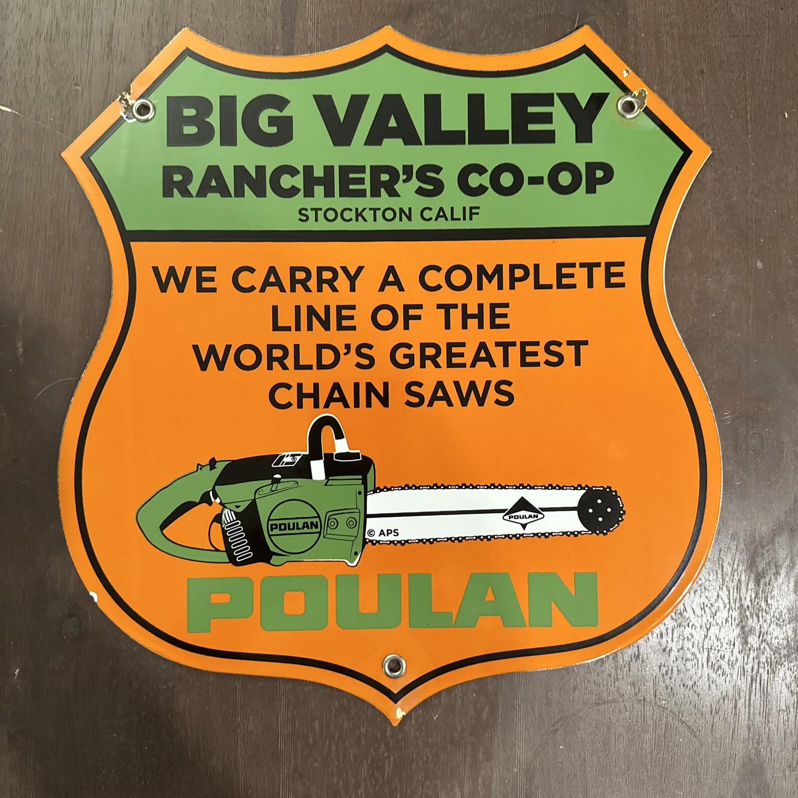 Vintage Porcelain Enamel Poulan Chainsaws Big Valley Ranchers CO-OP Stockton, CA