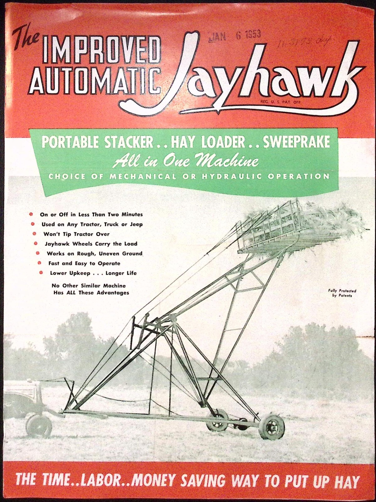 1953 Jayhawk Improved Automatic Hay Loader Stacker Sweeprake Brochure