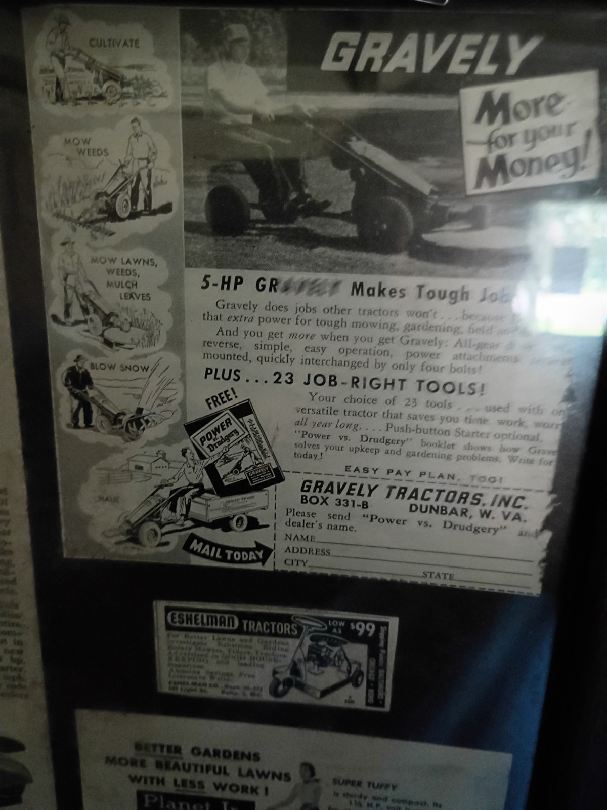 Vintage Lawn Mower Magazine Ads In A Frame, Originals, Not Reprints.