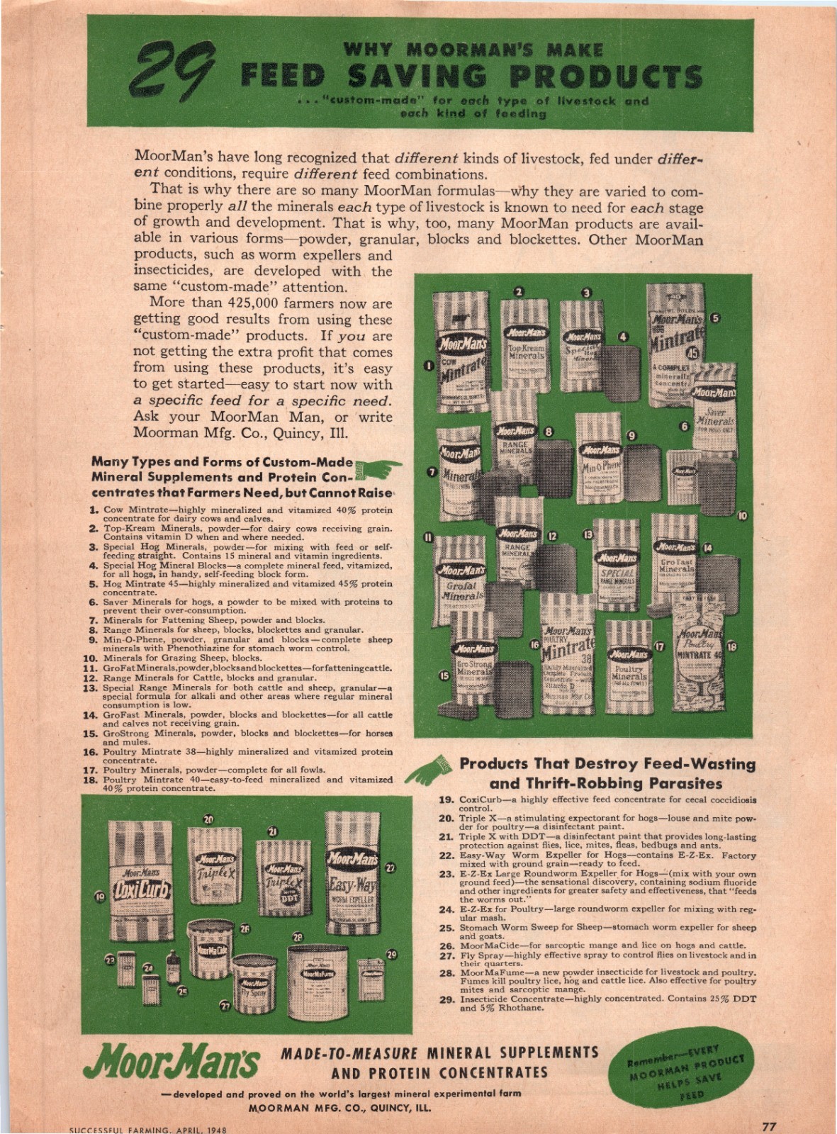 1948 Moorman&rsquo;s Feed Saving Products Livestock Protein 40&rsquo;s Vintage Print Ad