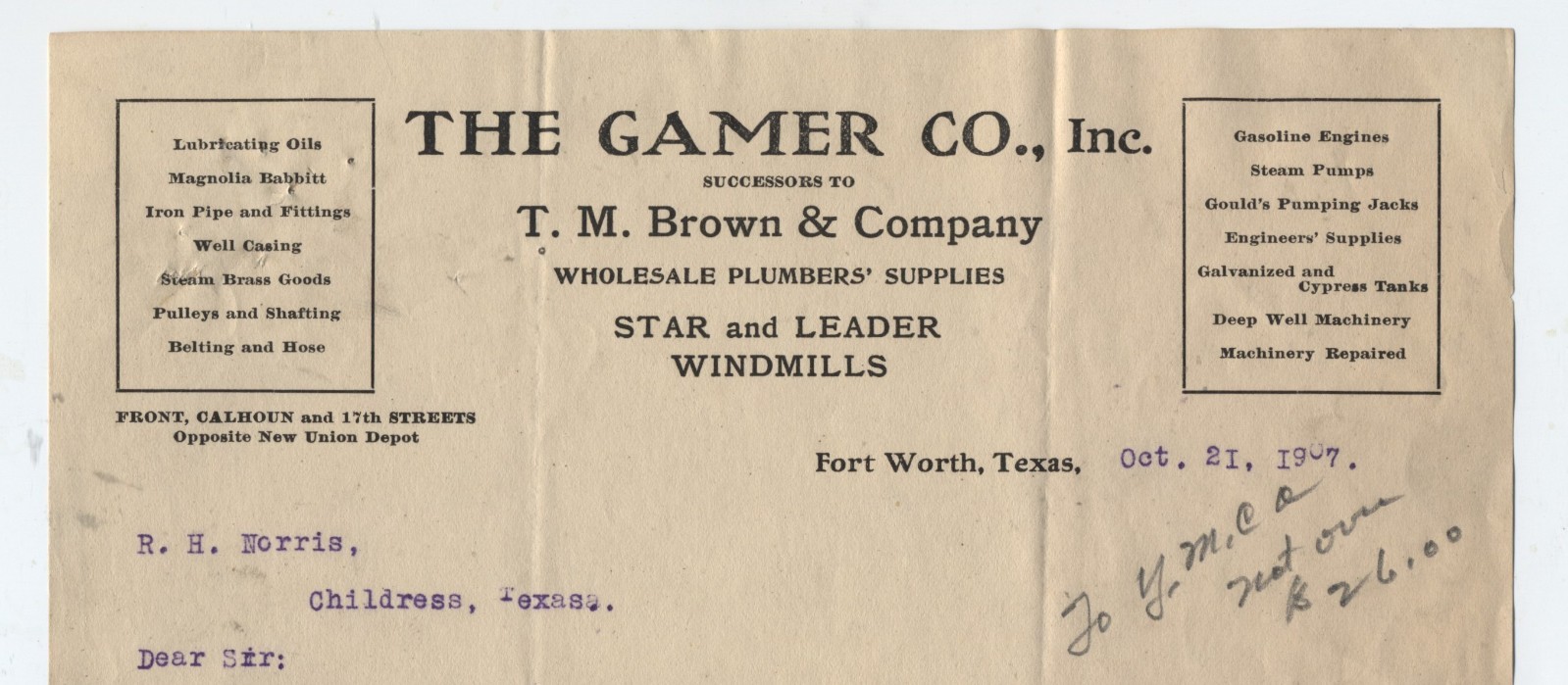 1907 GAMER WINDMILL CO LETTERHEAD FT WORTH TEXAS, STAR & LEADER WINDMILLS