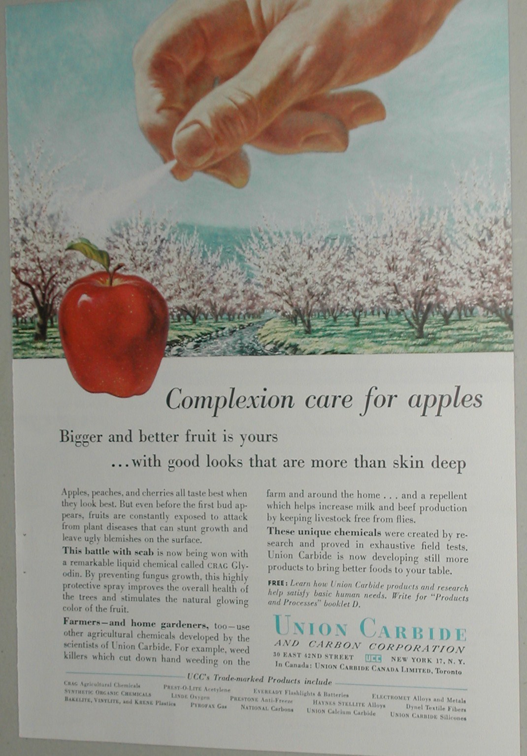 1957 UNION CARBIDE advertisement, Chemicals in food production, pesticides etc