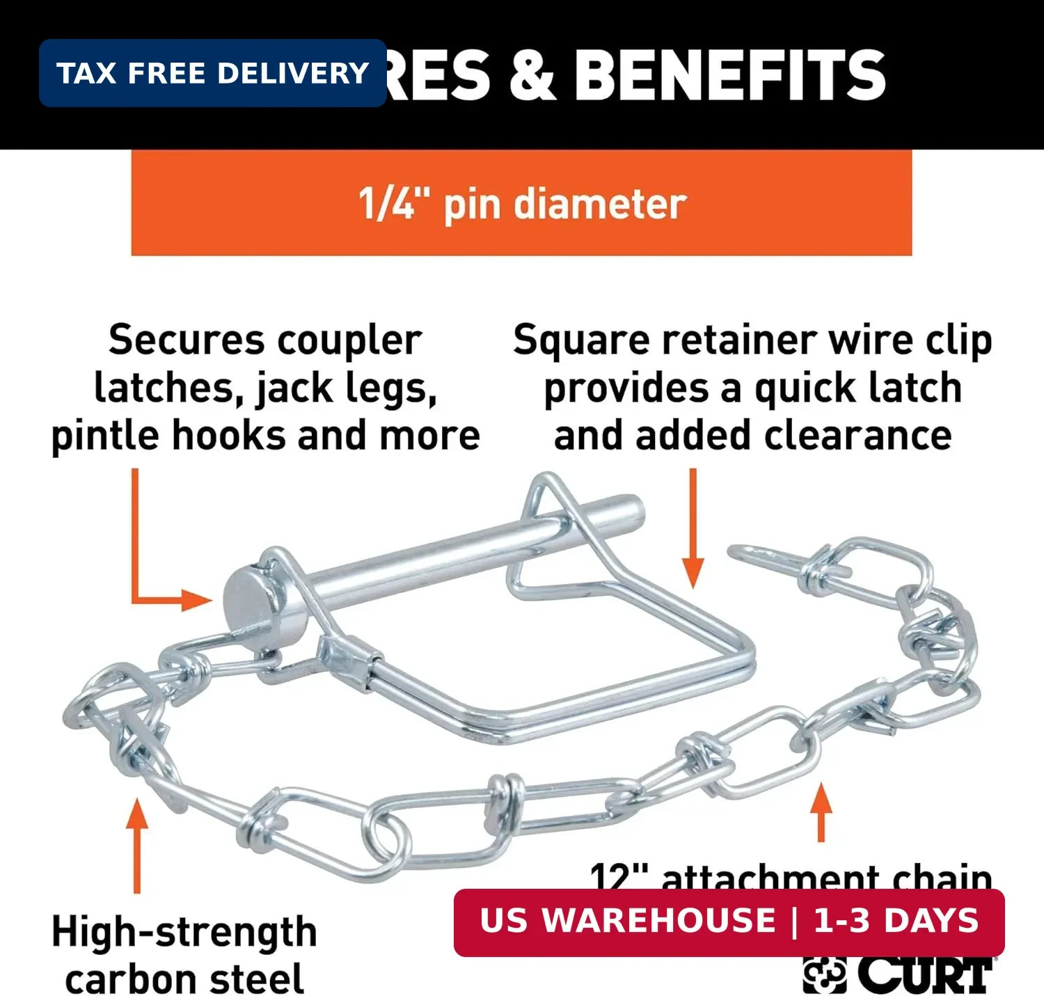 CURT 25013 Trailer Coupler Pin with 12-Inch Chain, 1/4-Inch Diameter x 2-3/4-Inc