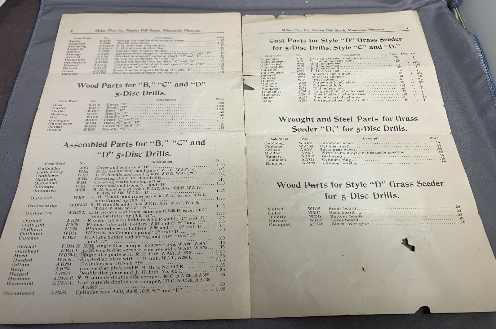 Moline Plow Company Monitor Style « B », « C » and « D » Five Disc Drills Repair List