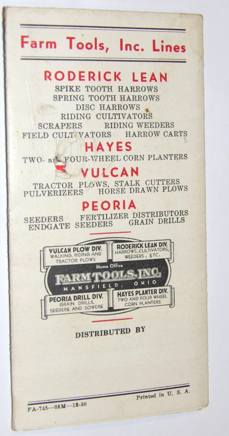 VTG 1938 RODERICK LEAN DISC HARROW ADVERTISING POSTER/BROCHURE! MANSFIELD, OH!