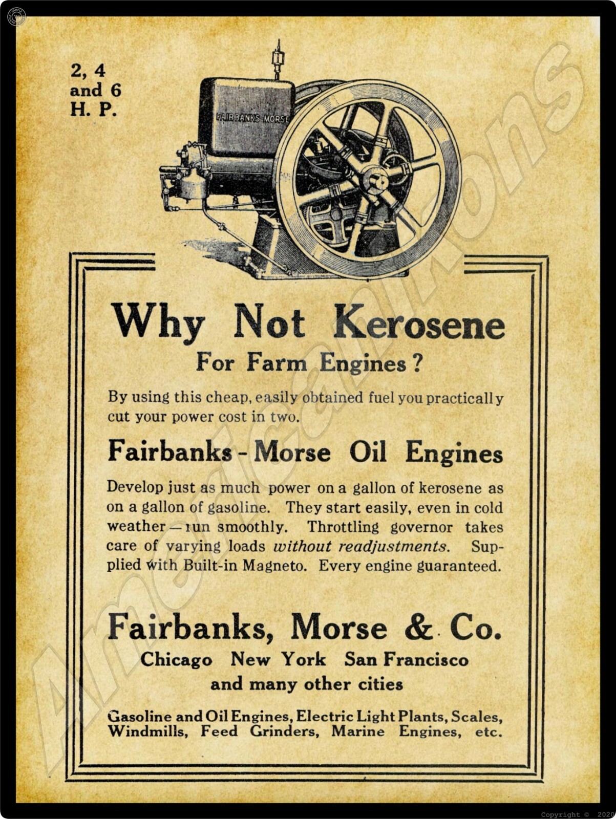 1914 Fairbanks Morse & Co. New Metal Sign: Oil & Kerosene Engines