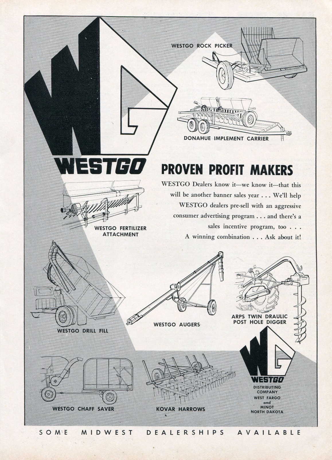 1968 Dealer Print Ad Westgo Rock Picker Donahue Implement Carrier Auger Harrows