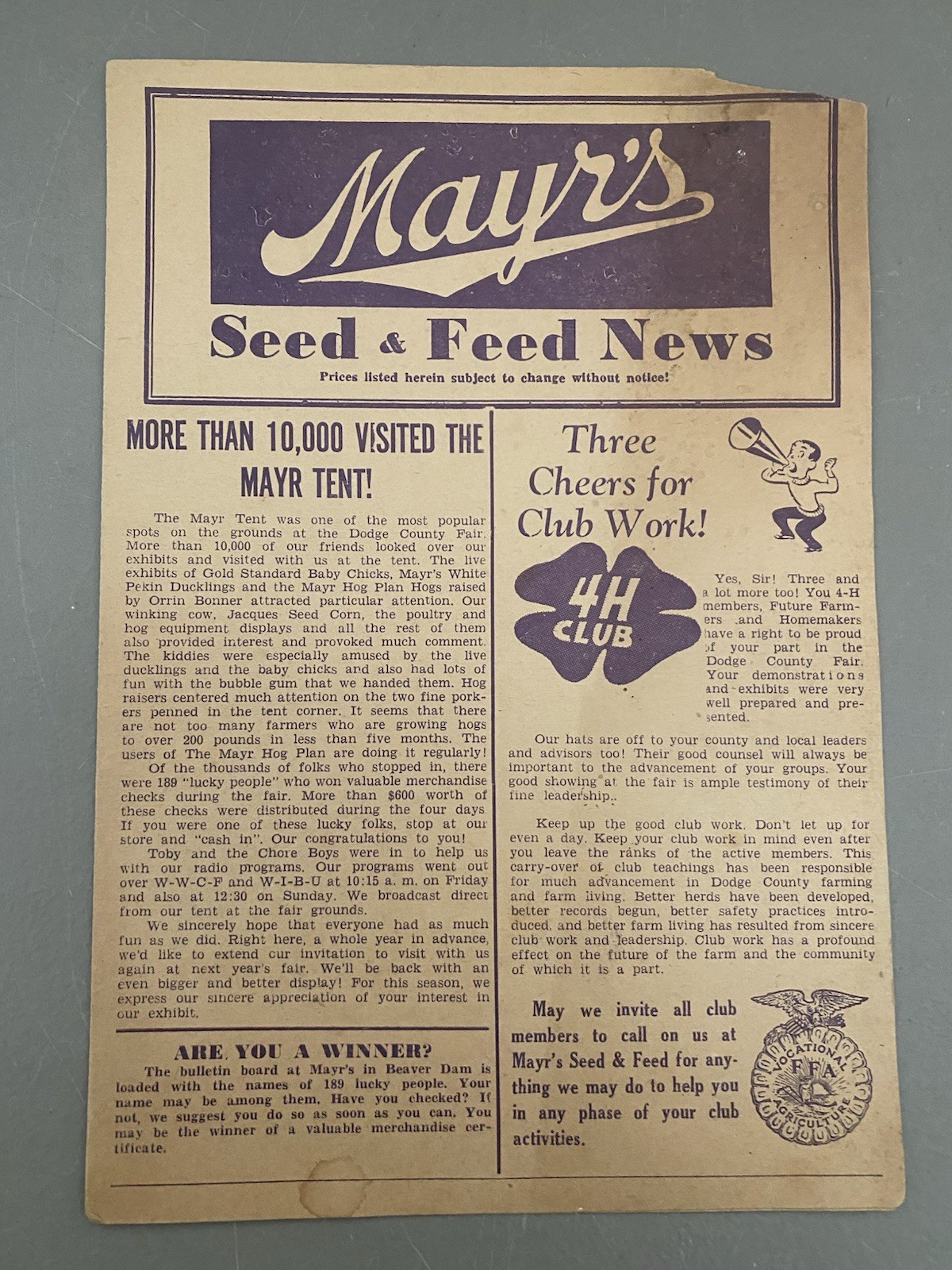 1950 Advertising Brochure Mayr’s Seen & Feed News Beaver Dam Wis. 4H Price Lists