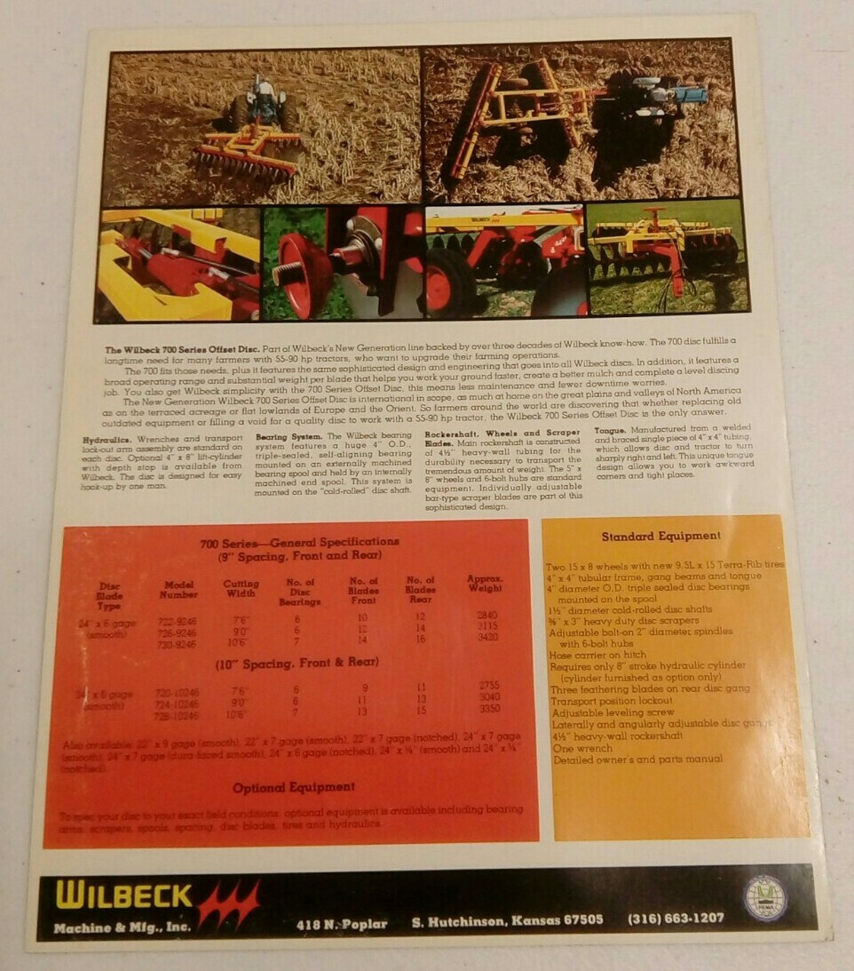 VINTAGE 1970s WILBECK EQUIP OFFSET 700 FARM TRACTOR WHEELED DISCS SALES BROCHURE