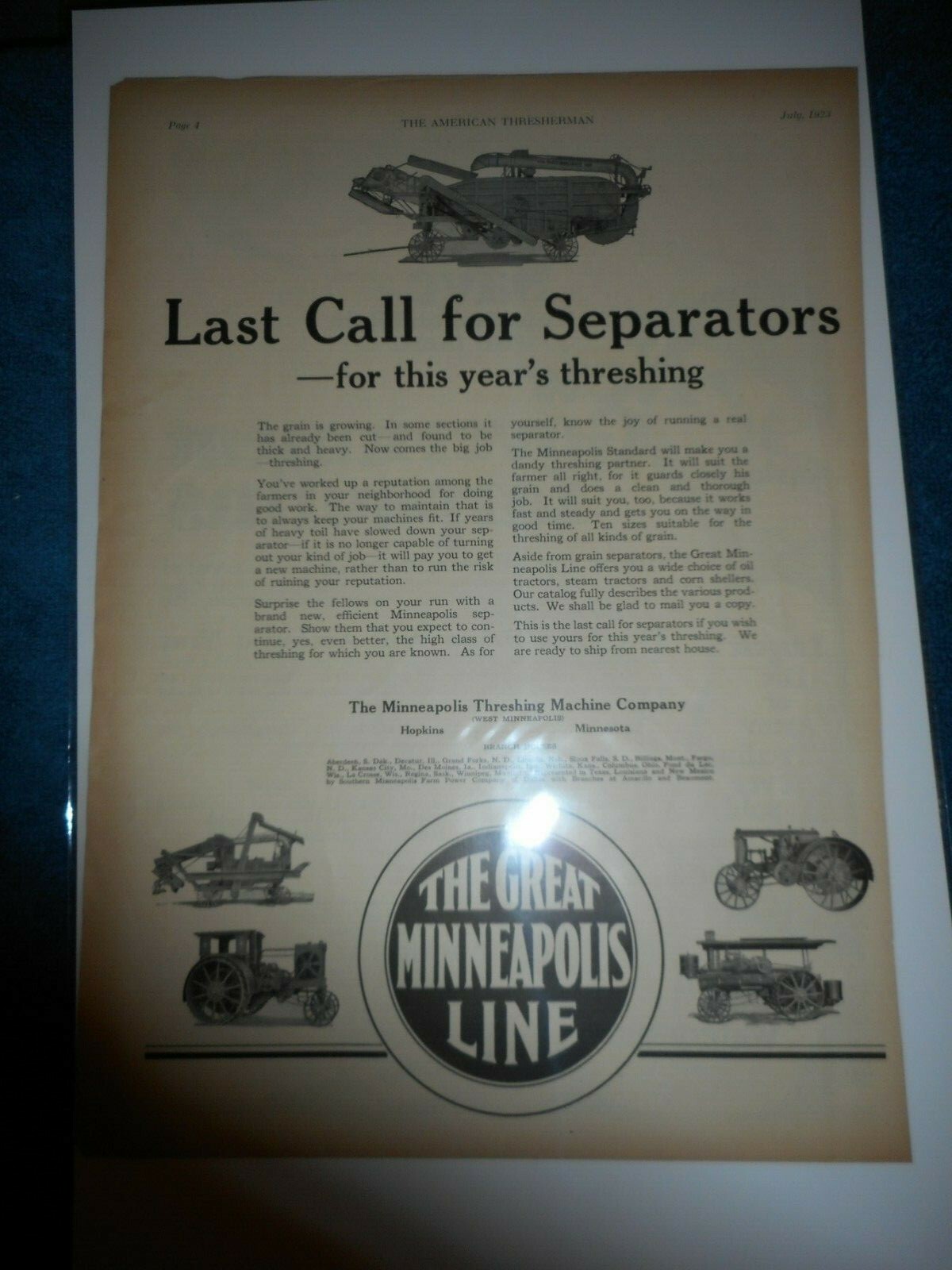 Minneapolis Moline 1923 Vintage Original Advertisement: Minneapolis Standard