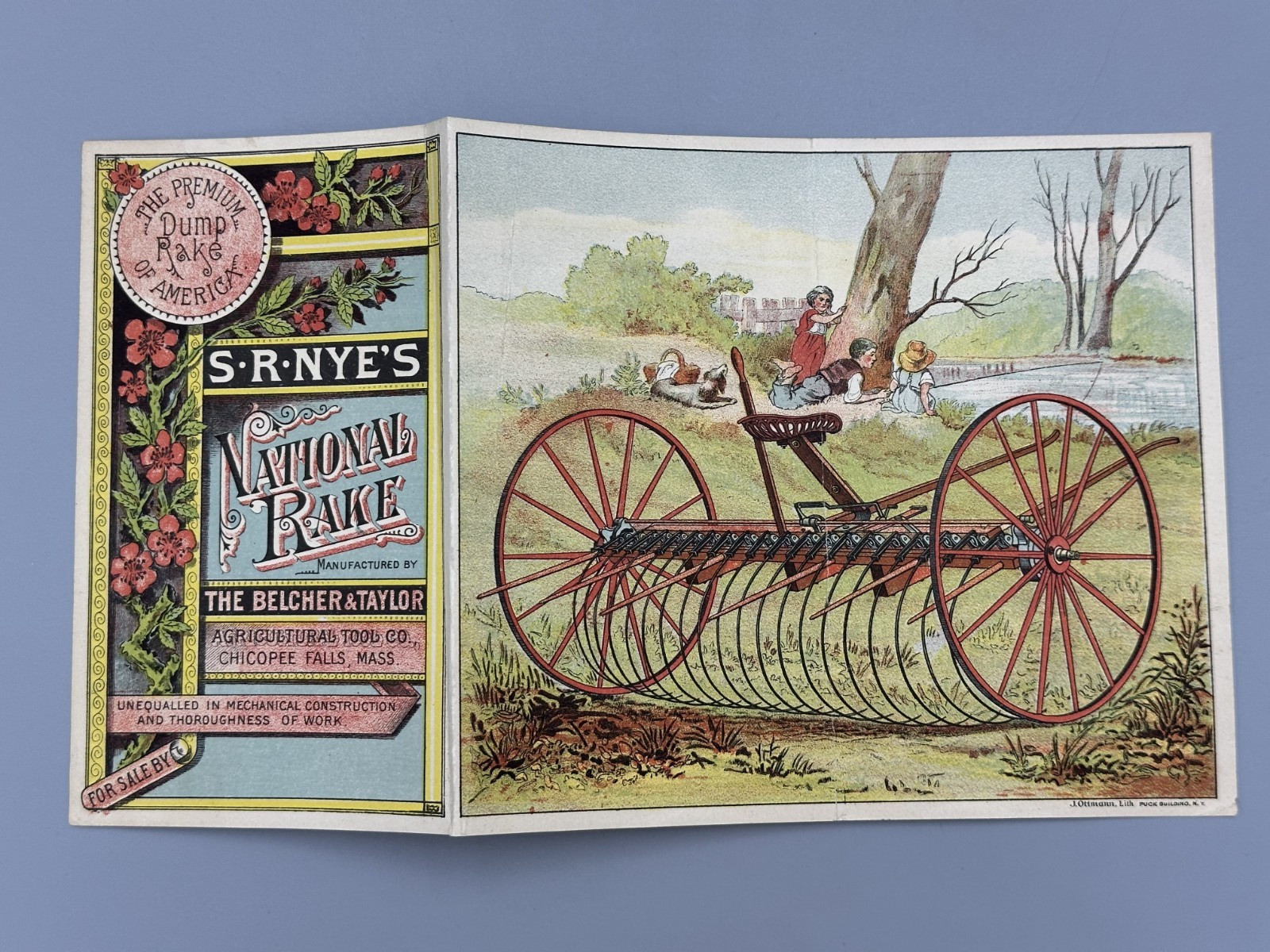 1880s SR NYE&rsquo;s Rake Victorian FARM Advertising Fold Trade Card CHICOPEE FALLS MA
