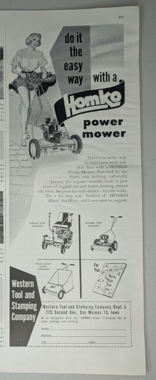 1952 Homko Vintage Print Ad Lawn Mower Pretty Housewife Western Tool Des Moines