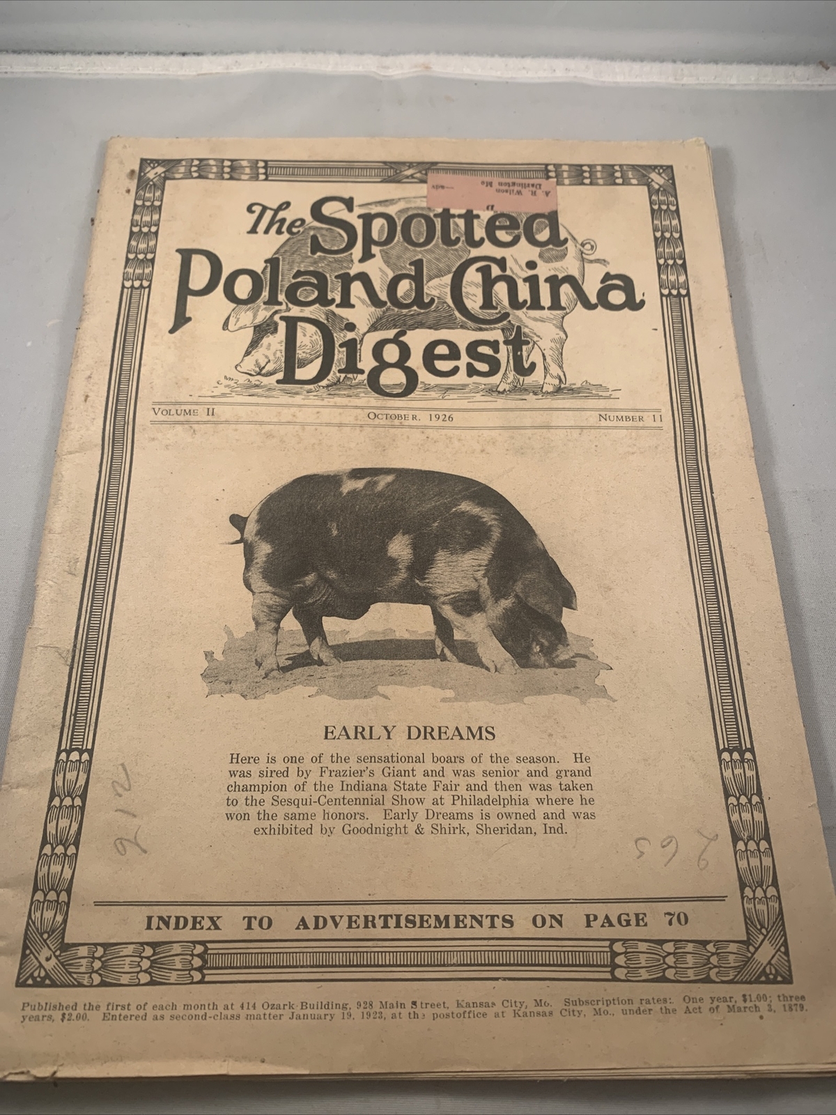 Spotted Poland China Pig Hog Digest October 1926 Missouri Kansas City Catalog