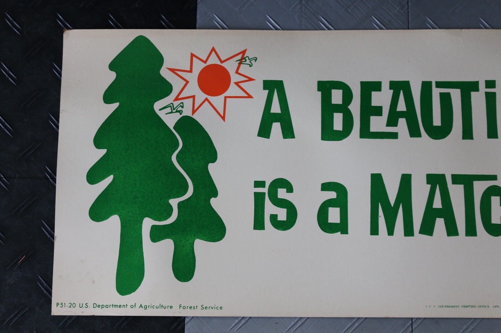 Vintage 1975 U.S. Department of Agriculture 44&Prime; x 16&Prime; cardboard sign forest fire