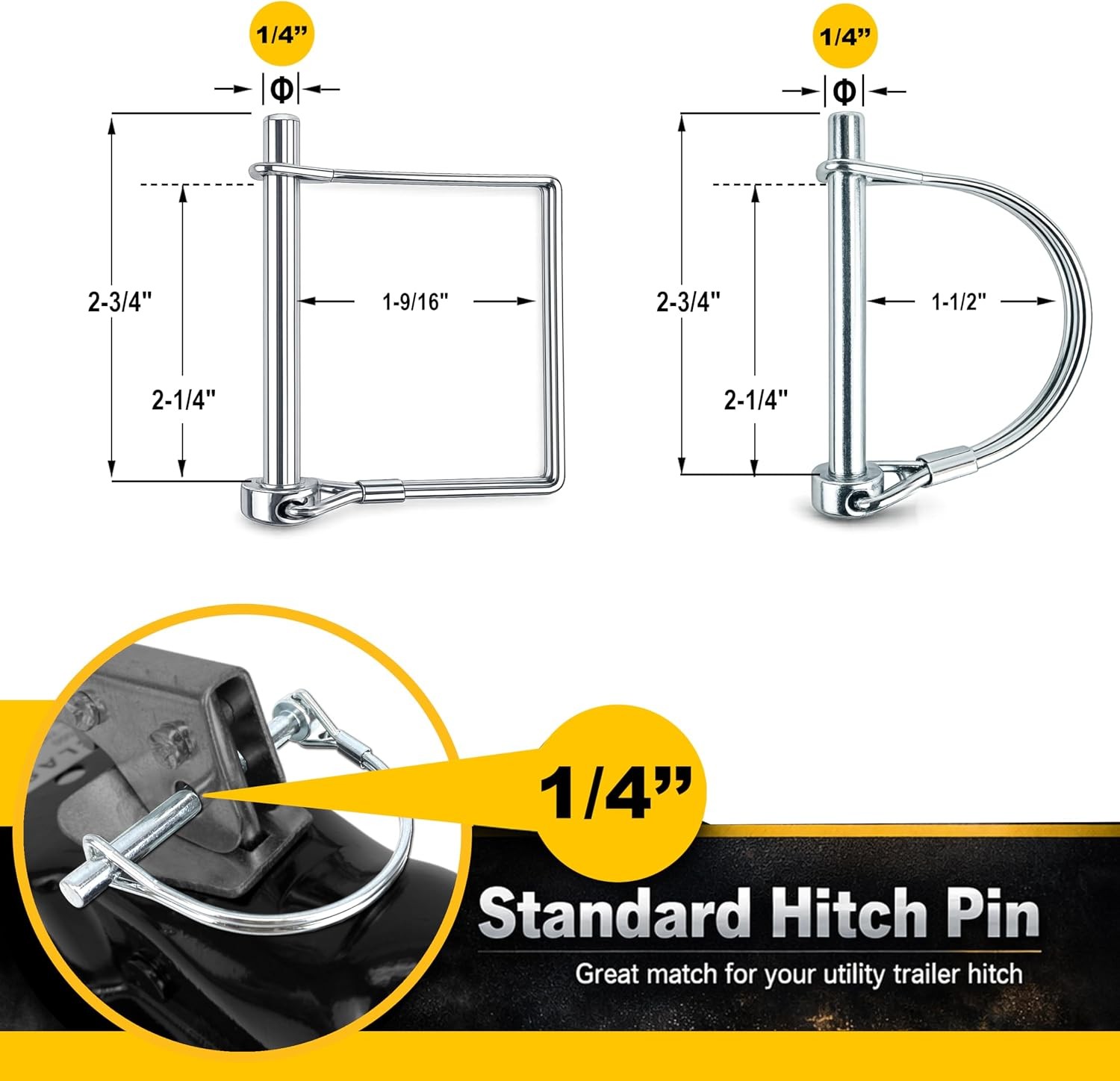 8-Pack Trailer Hitch Pins, 1/4&Prime; x 2-3/4&Prime; Safety Coupler Pin, Zinc-Plated Carbon