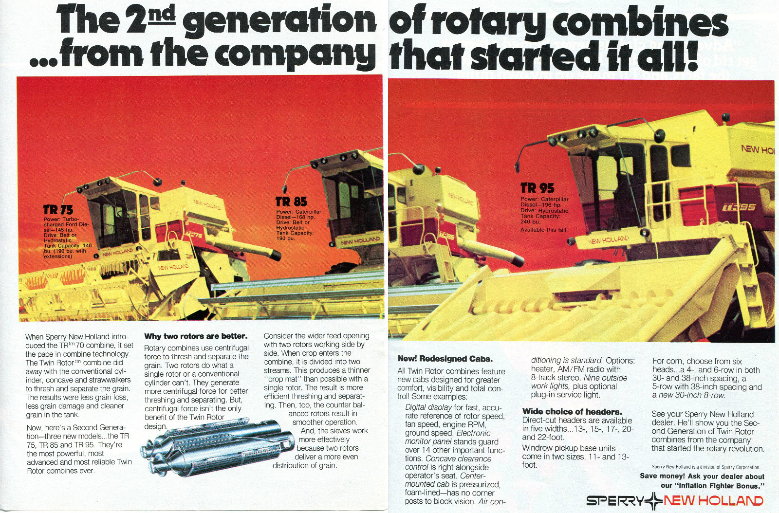 1980 2pg Print Ad of Sperry New Holland TR75 TR85 & TR95 Combine Farm Tractor