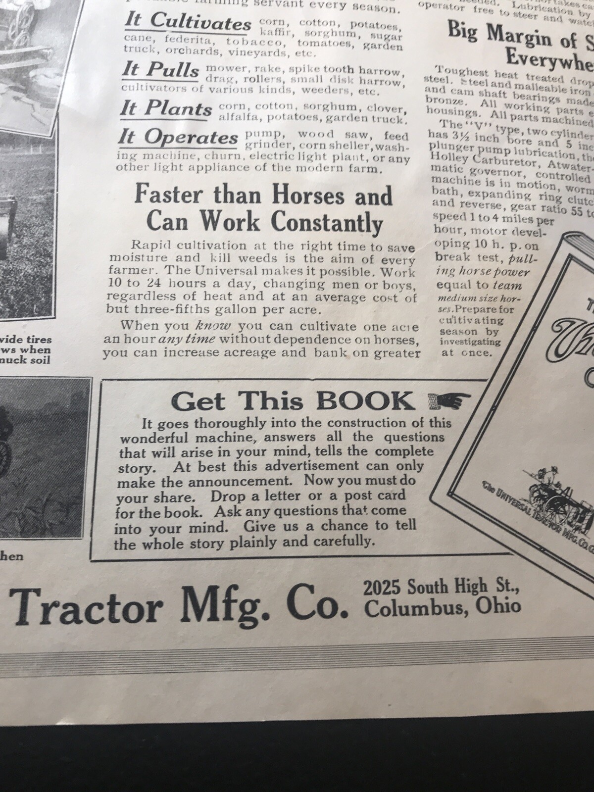 1914 Universal Tractor Motor Cultivator – Columbus – Ohio – Farm Advertising