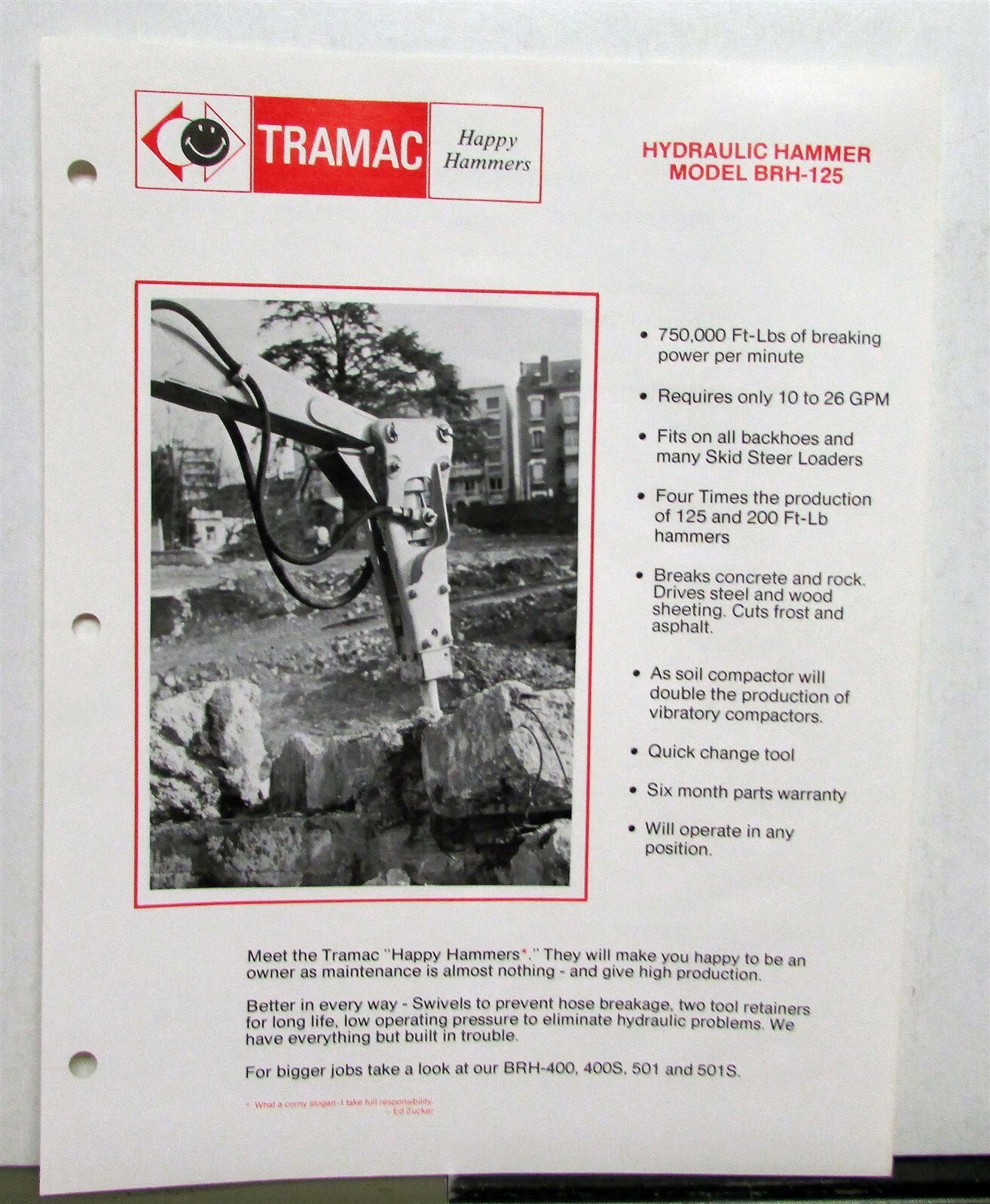 1970s Tramac Happy Hammers BRH-125 Construction Sales Data Sheet