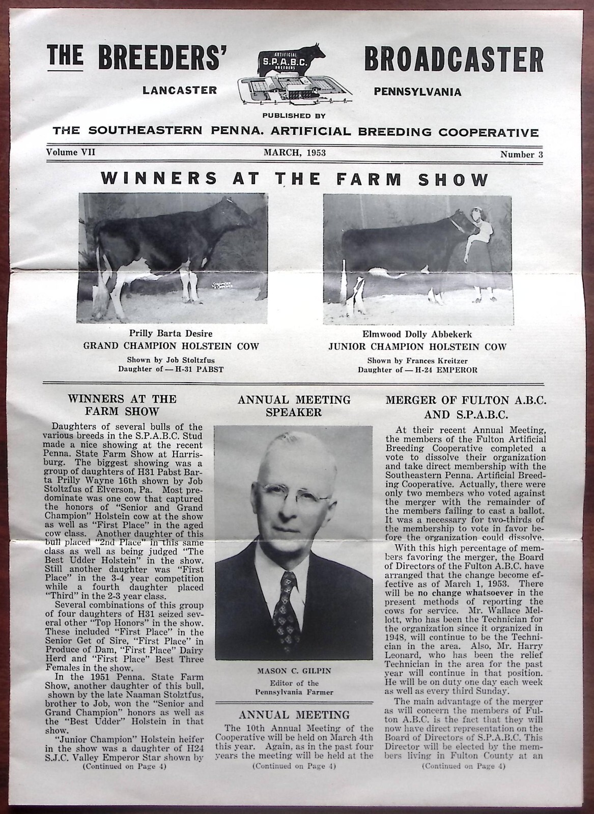 1953 THE BREEDERS&rsquo; BROADCASTER MARCH CATTLE S.P.A.B.C. BREEDERS NEWSLETTER Z6543