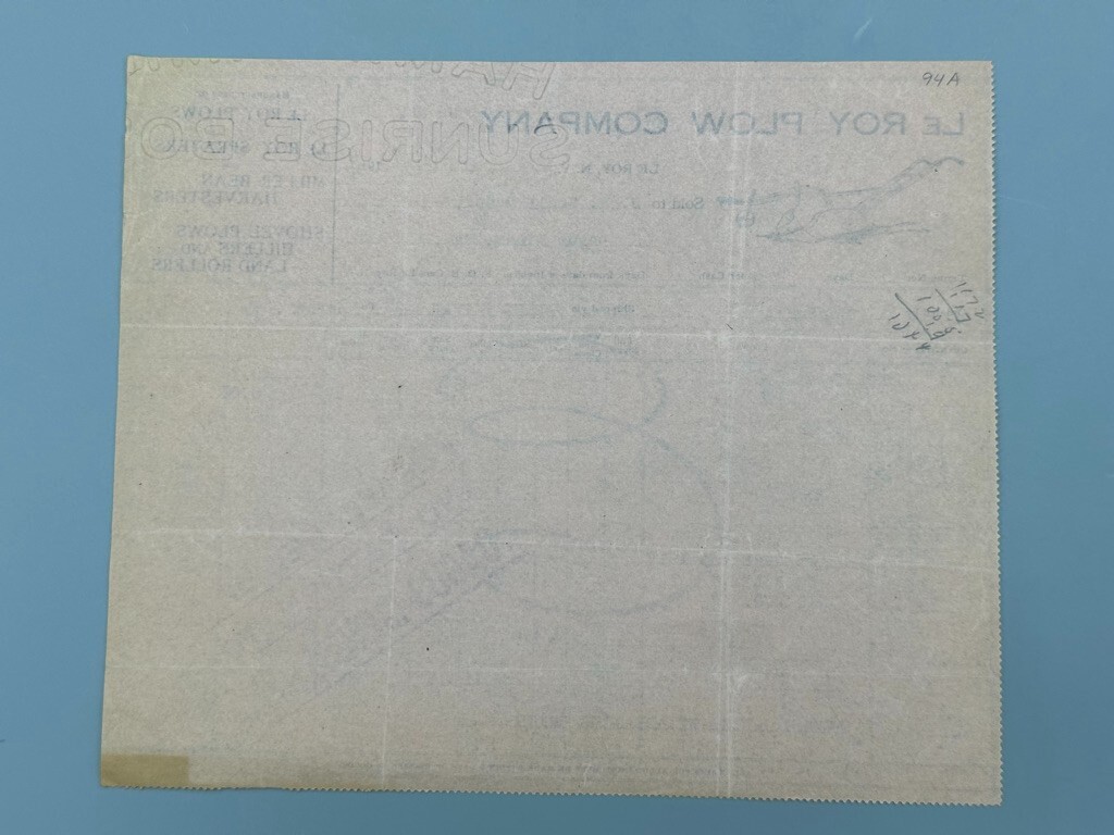 1917 LE ROY PLOW New York FARM Illustrated Invoice Billhead Antique ADVERTISING
