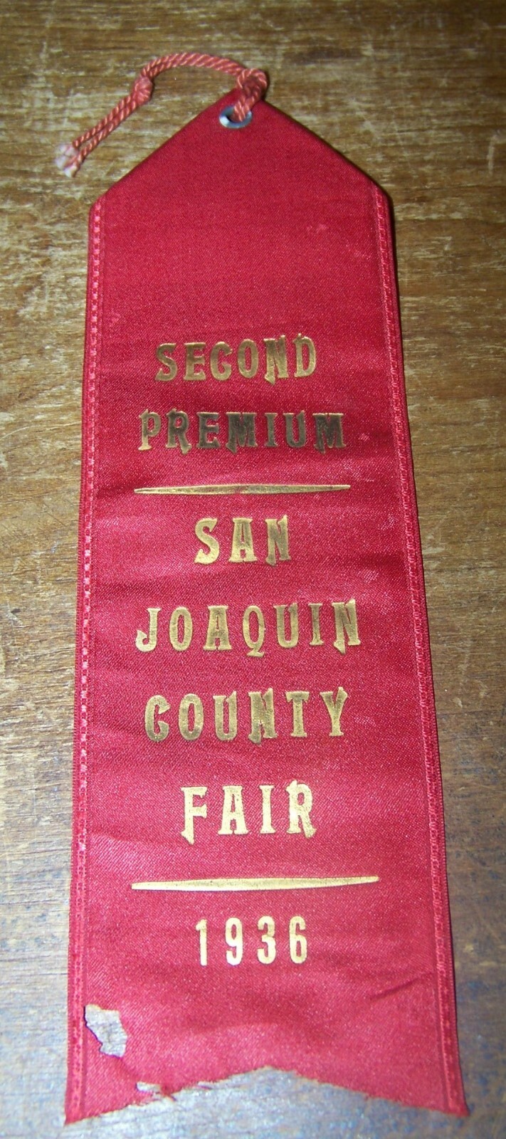 1936 SAN JOAQUIN COUNTY FAIR CA 2ND PREMIUM RIBBON AGRICULTURE FARM