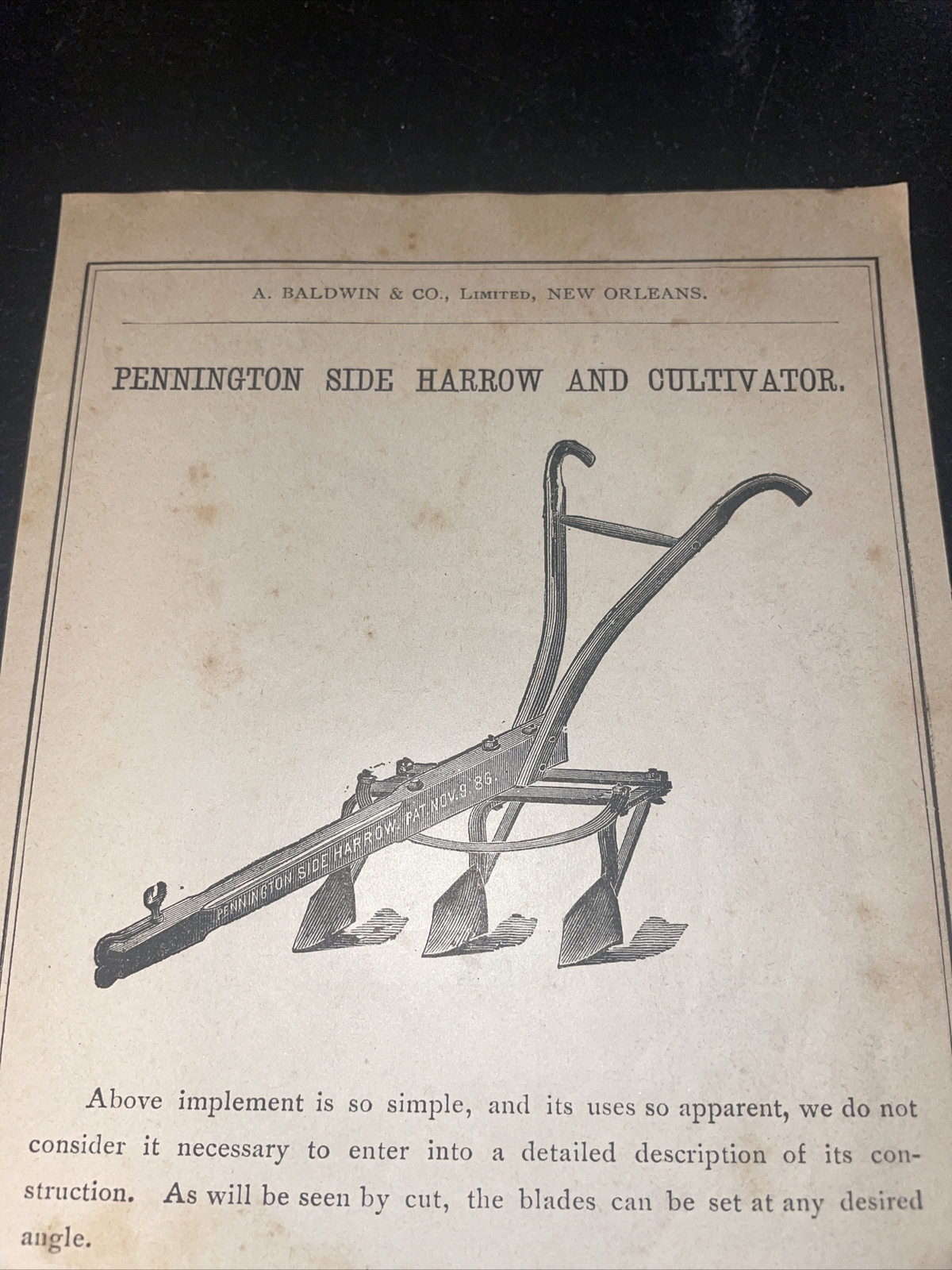 1891 Baldwin – Pennington Harrow Cultivator Farm Advertising – New Orleans – LA