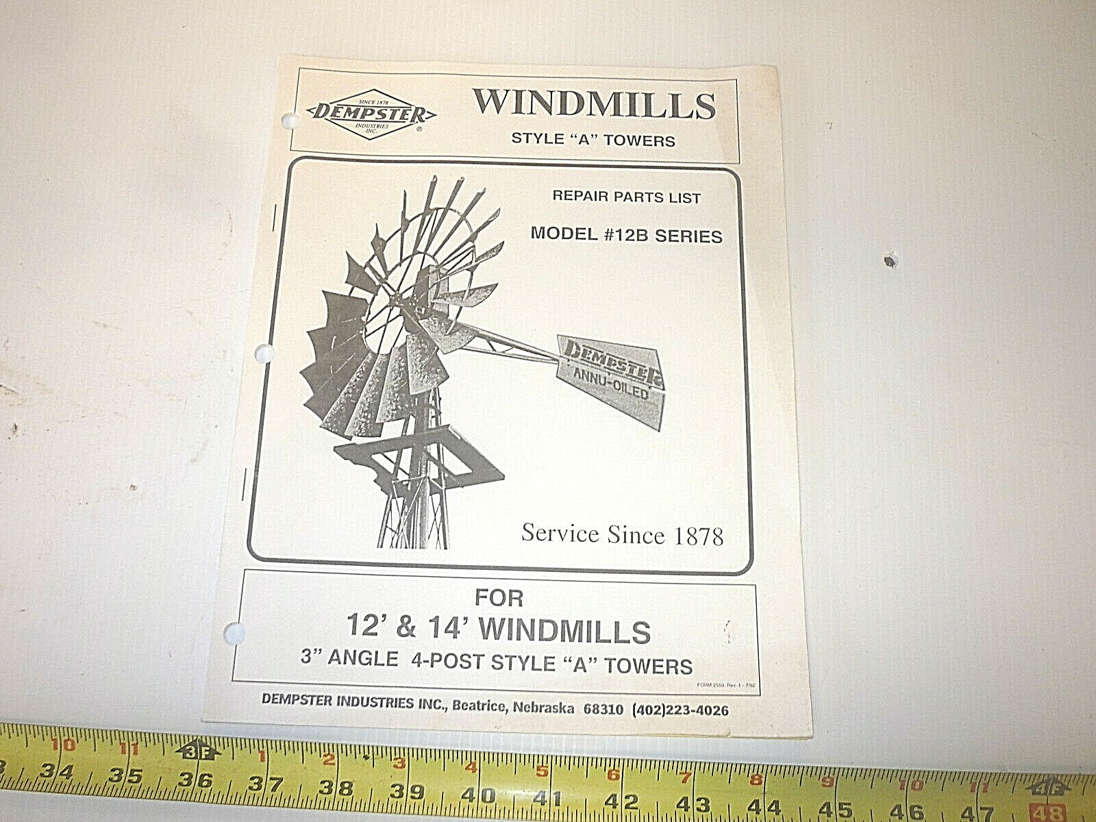 DEMPSTER 12 & 14 FOOT WINDMILL MODEL 12B STYLE A PARTS REPAIR LIST BOOK