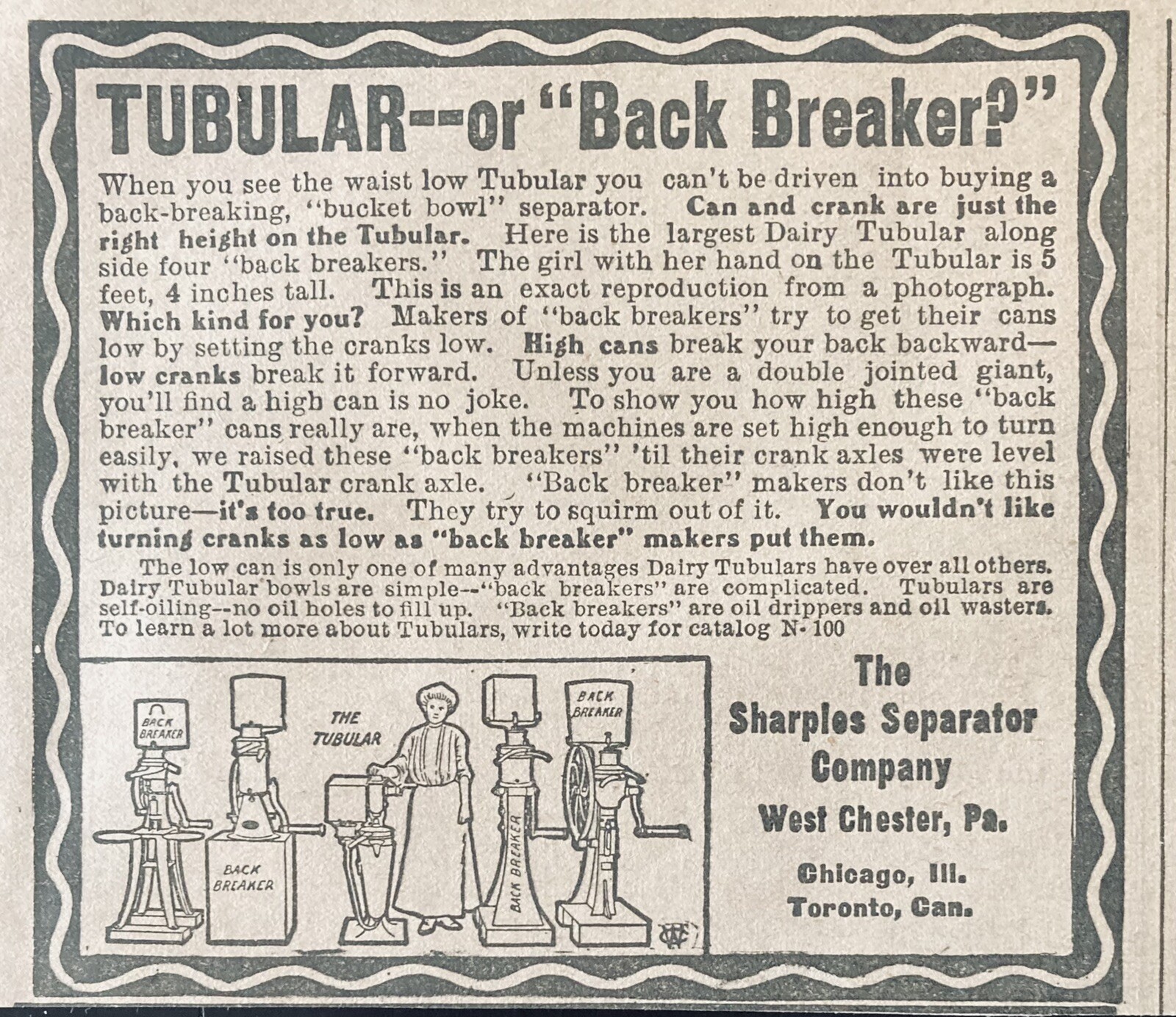 1906 AD(XH34)~SHARPLES SEPARATOR CO. WEST CHESTER, PA. TUBULAR CREAM SEPARATORS