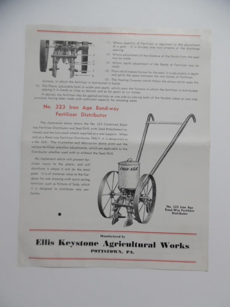 c.1940 Iron Age Band-Way Fertilizer Spreader Catalog Sheet Ellis Keystone Vintag