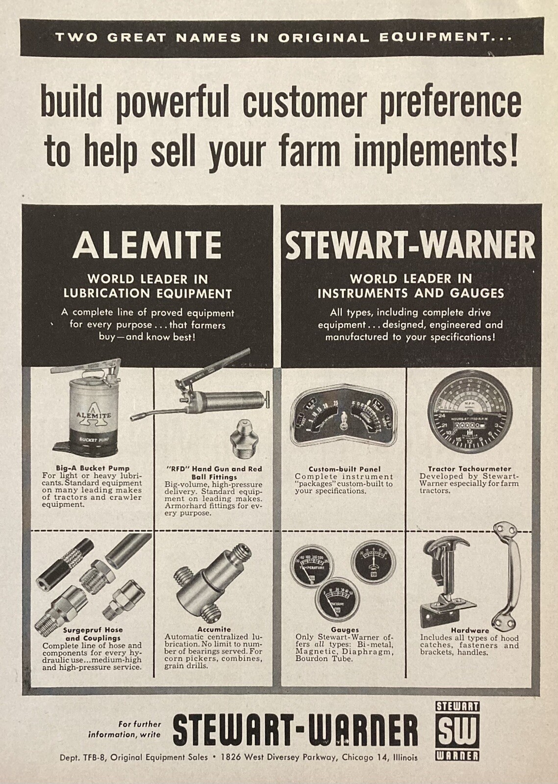 1958 AD.(XH68)~STEWART-WARNER CO. CHICAGO. FARM IMPLEMENT GENUINE PARTS