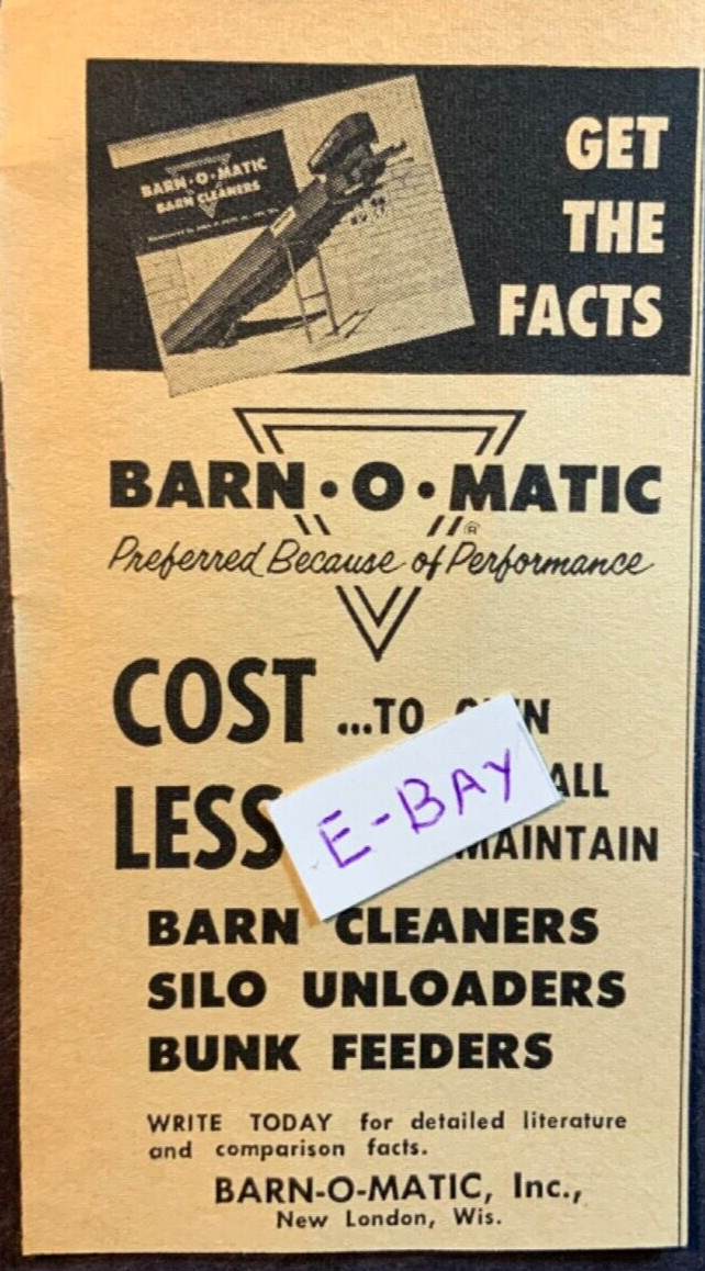 1960 Print Ad. Barn-O-Matic. New London, Wisconsin. Barn Cleaners
