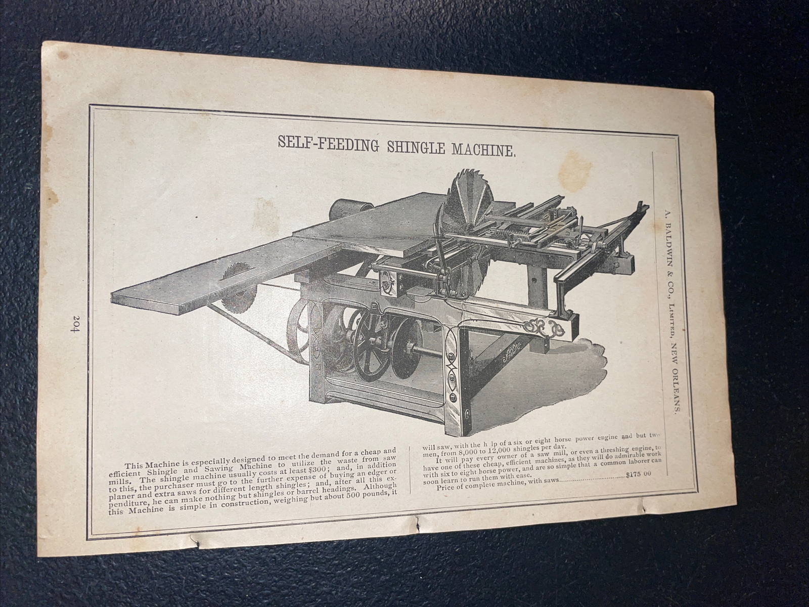 1891 Baldwin – Self Feeding Shingle Machine – Farm Advertising – New Orleans