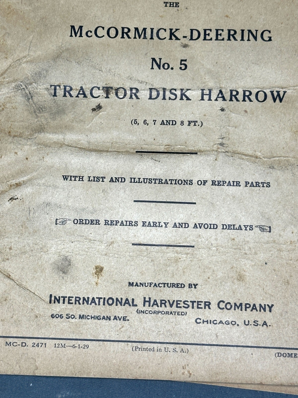 McCormick-Deering Tractor Disk Harrow No. 5 – Set Up & Operating Instructions