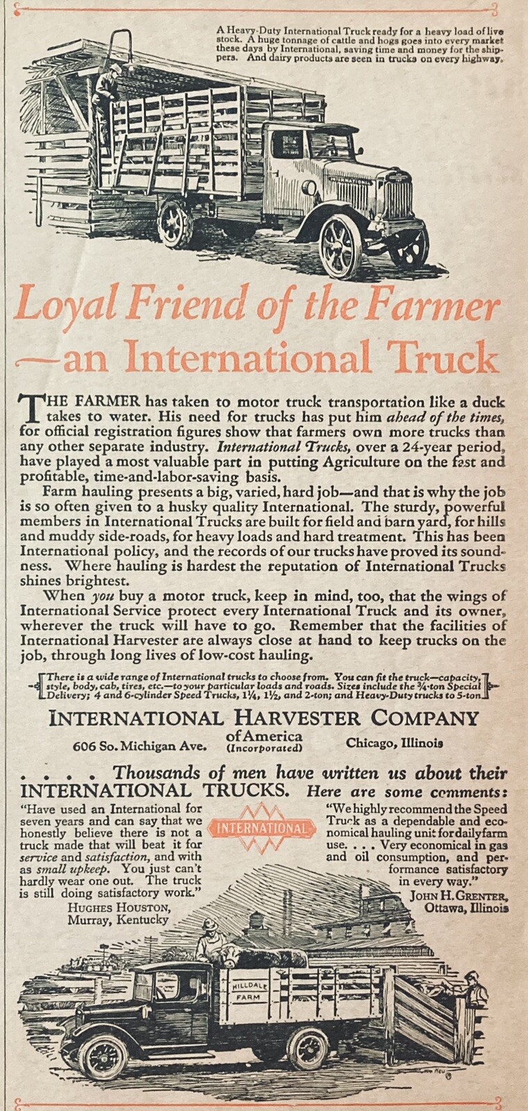 1928 AD.(XH69)~INTERNATIONAL HARVESTER CO. I-H HEAVY DUTY FARM TRUCKS