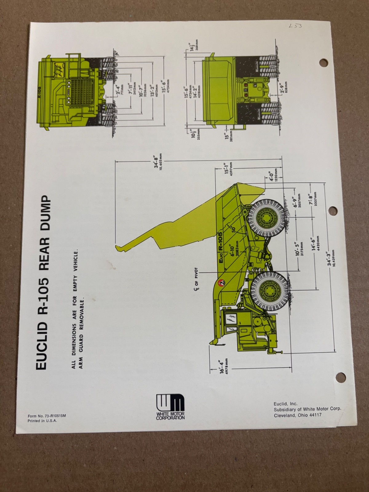 Vintage Euclid R-105 Dump Truck Specifications Sales Brochure