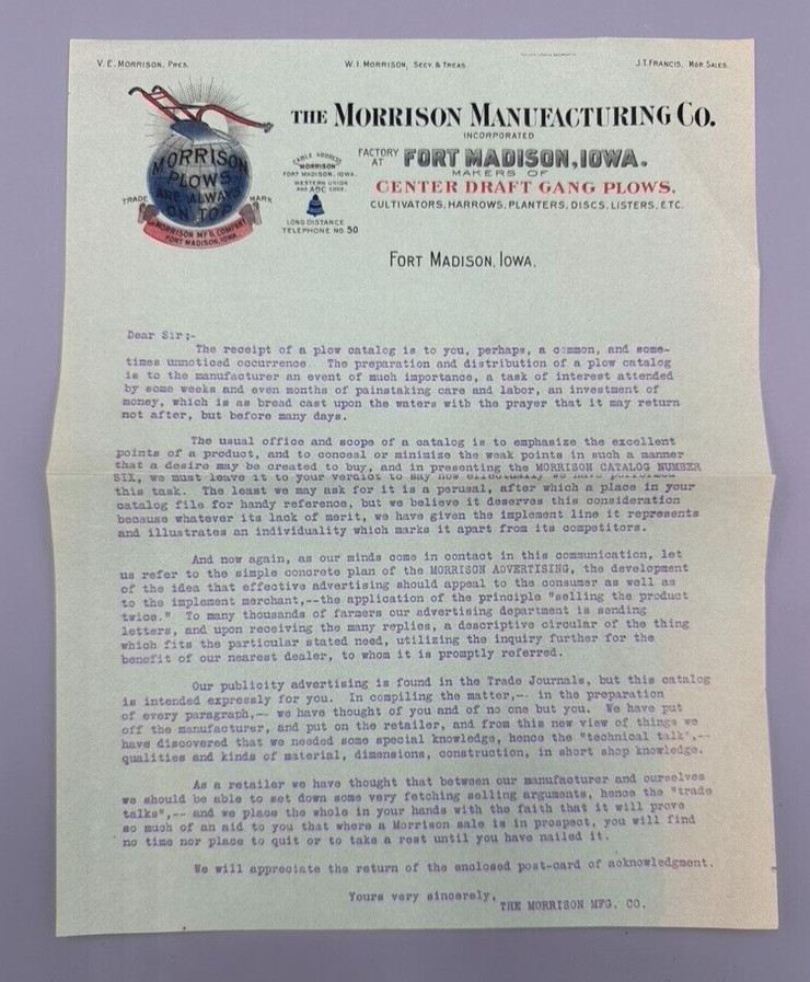 Antique MORRISON PLOWS World Globe FARM Advertising Letter FORT MADISON IOWA