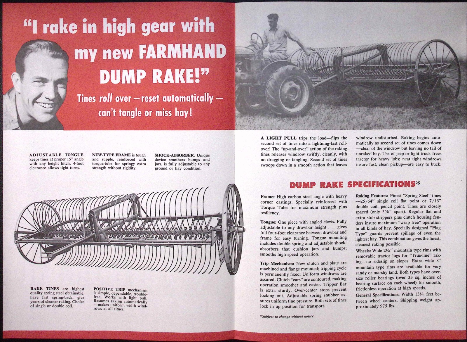 1954 Dearborn Farm Equipment Sweep Rake Dealer Brochure & Diagram