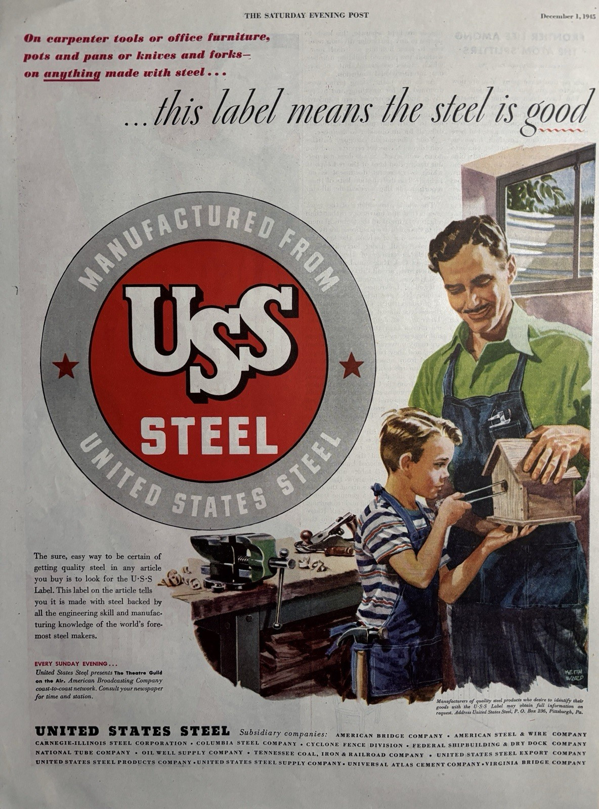 1945 United States Steel Label Manufacturing Carpenter Tools Vintage Print Ad