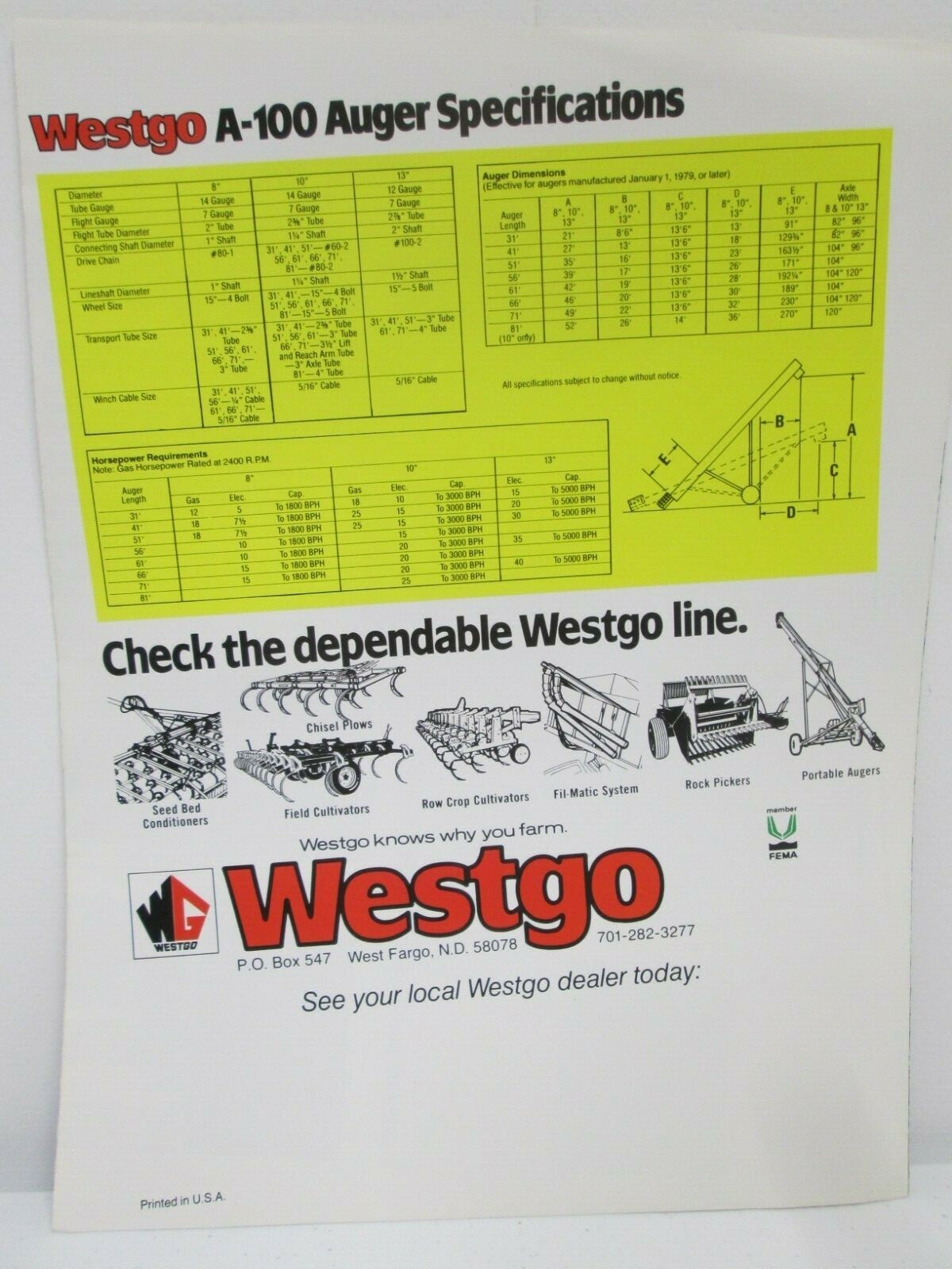 Westgo A-100 Portable Augers and Conveying Systems Sales Brochure Specifications