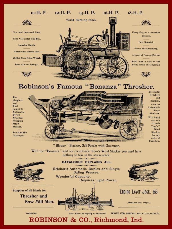 1898 Robinson Threshing Machines, Richmond, Indiana NEW METAL SIGN: 12×16&Prime;