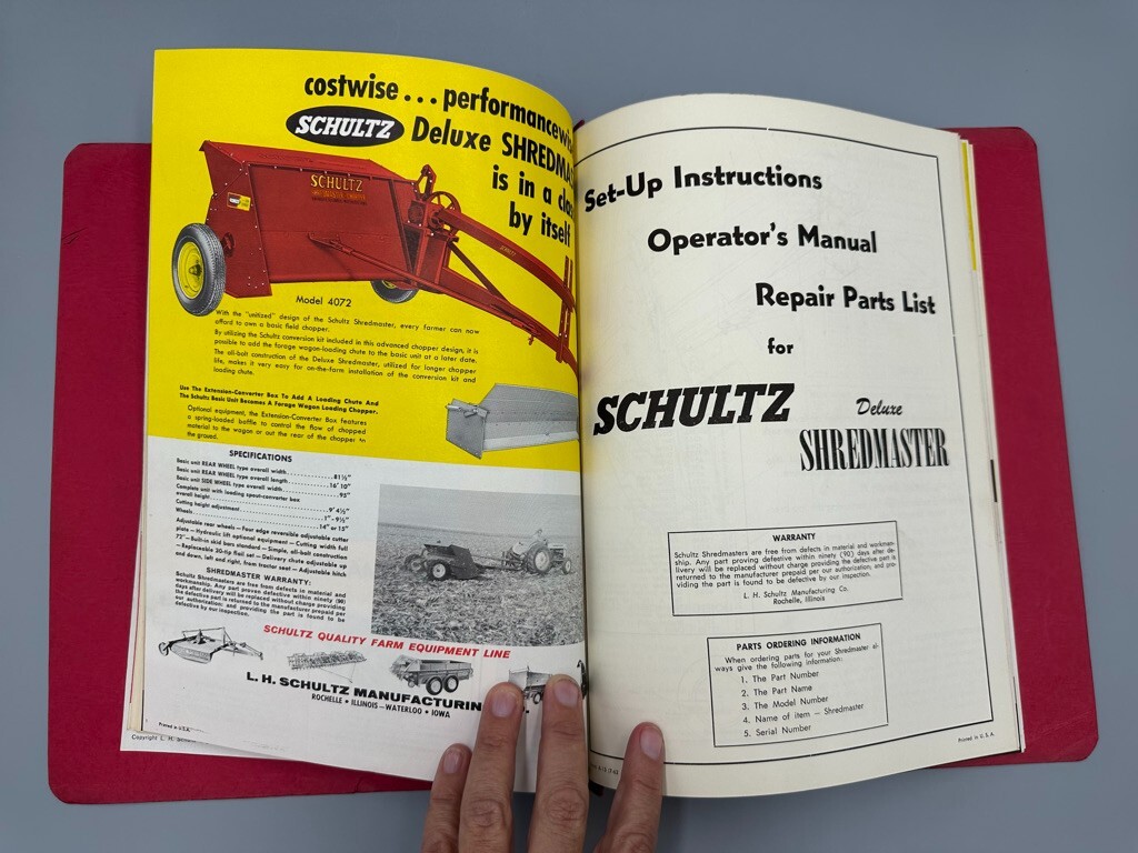 1964 SCHULTZ FARM MACHINERY Sales Manual Parts List