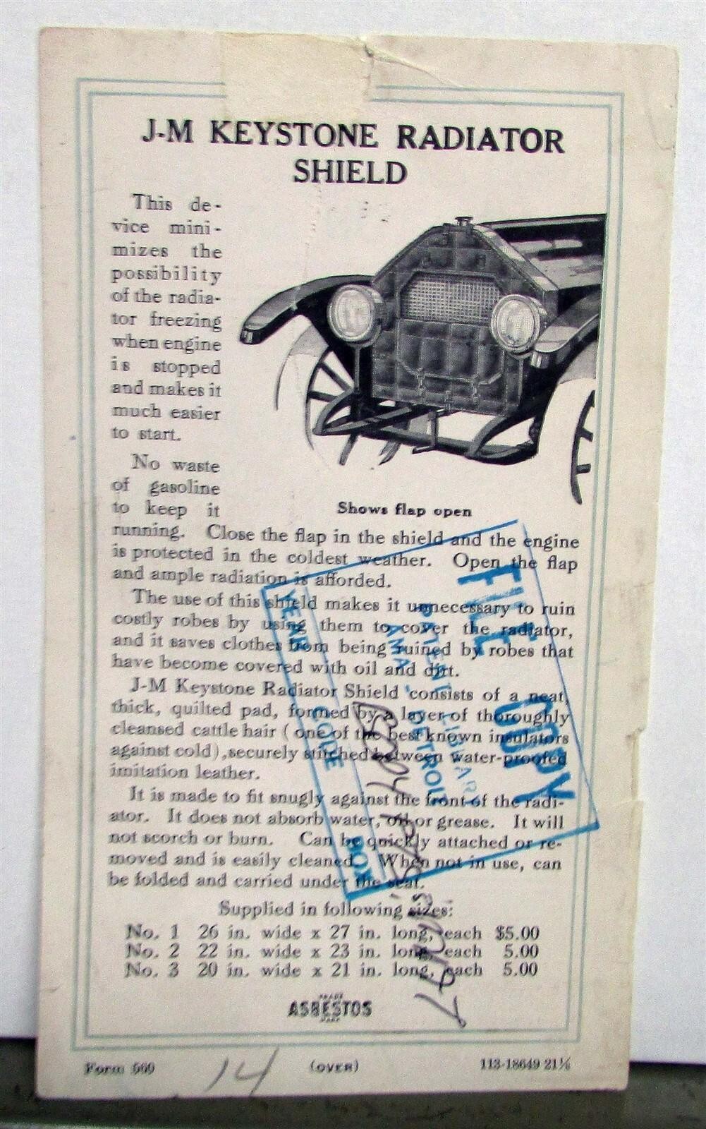 1913 Keystone Radiator Shield Protects In Cold Weather Pricing Sales Data Sheet