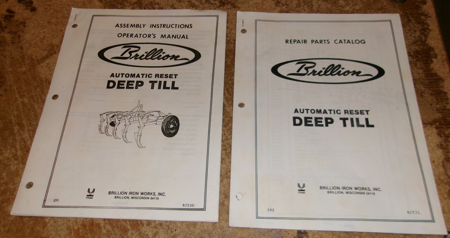 2-lot vintage brillion auto reset deep till ripper operators/parts manuals used