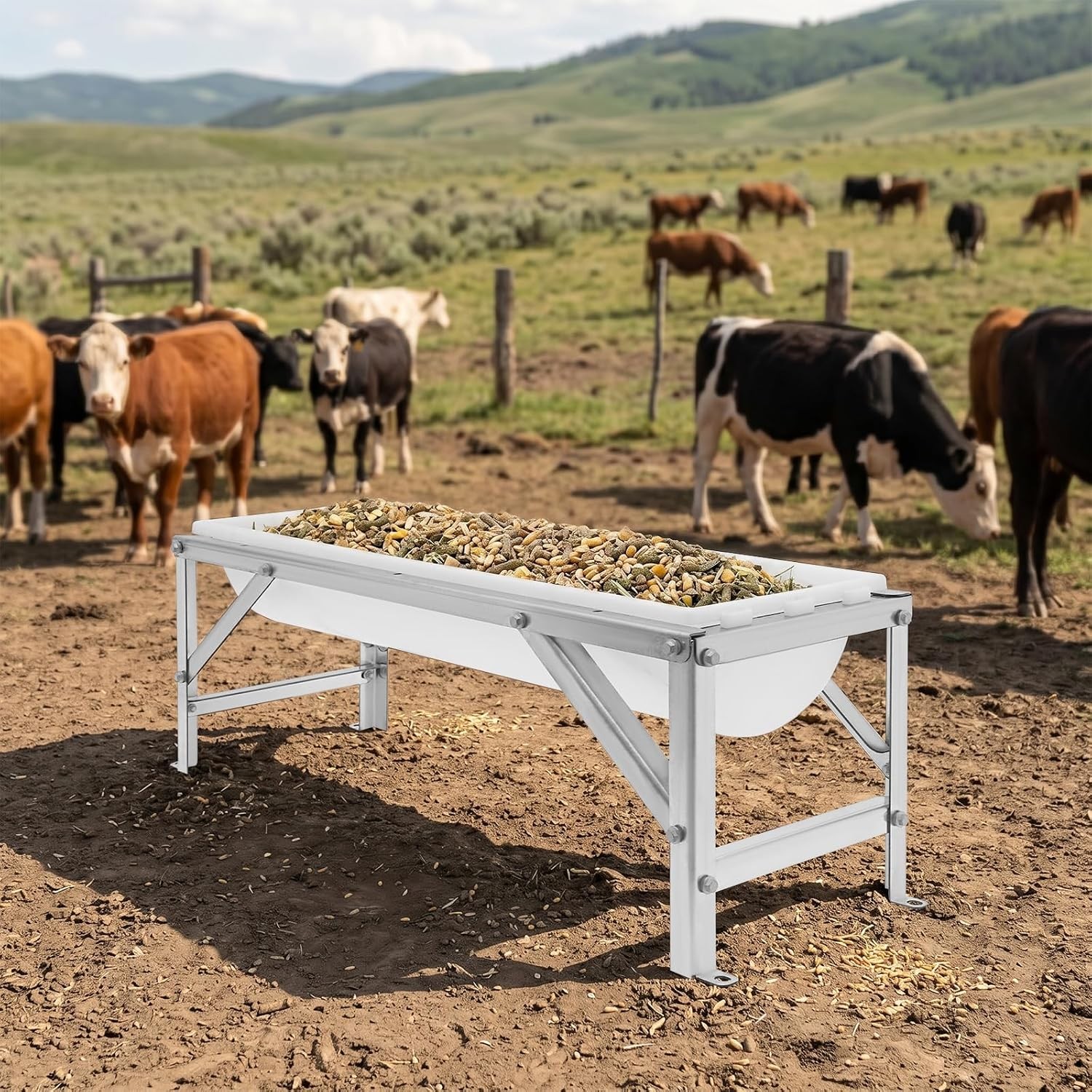 Livestock Feed Trough 9.25Gal Long Large Capacity Feeder with Stand for Goat