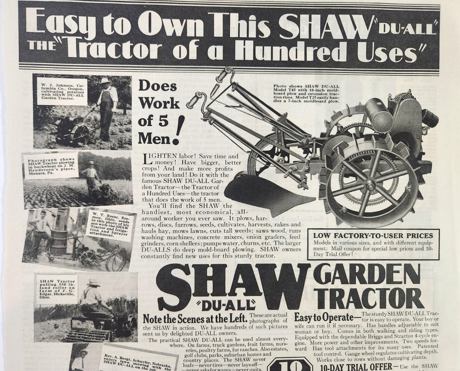 Shaw Du All T45 Garden Tractor Vintage 1930 Ad Magazine Print