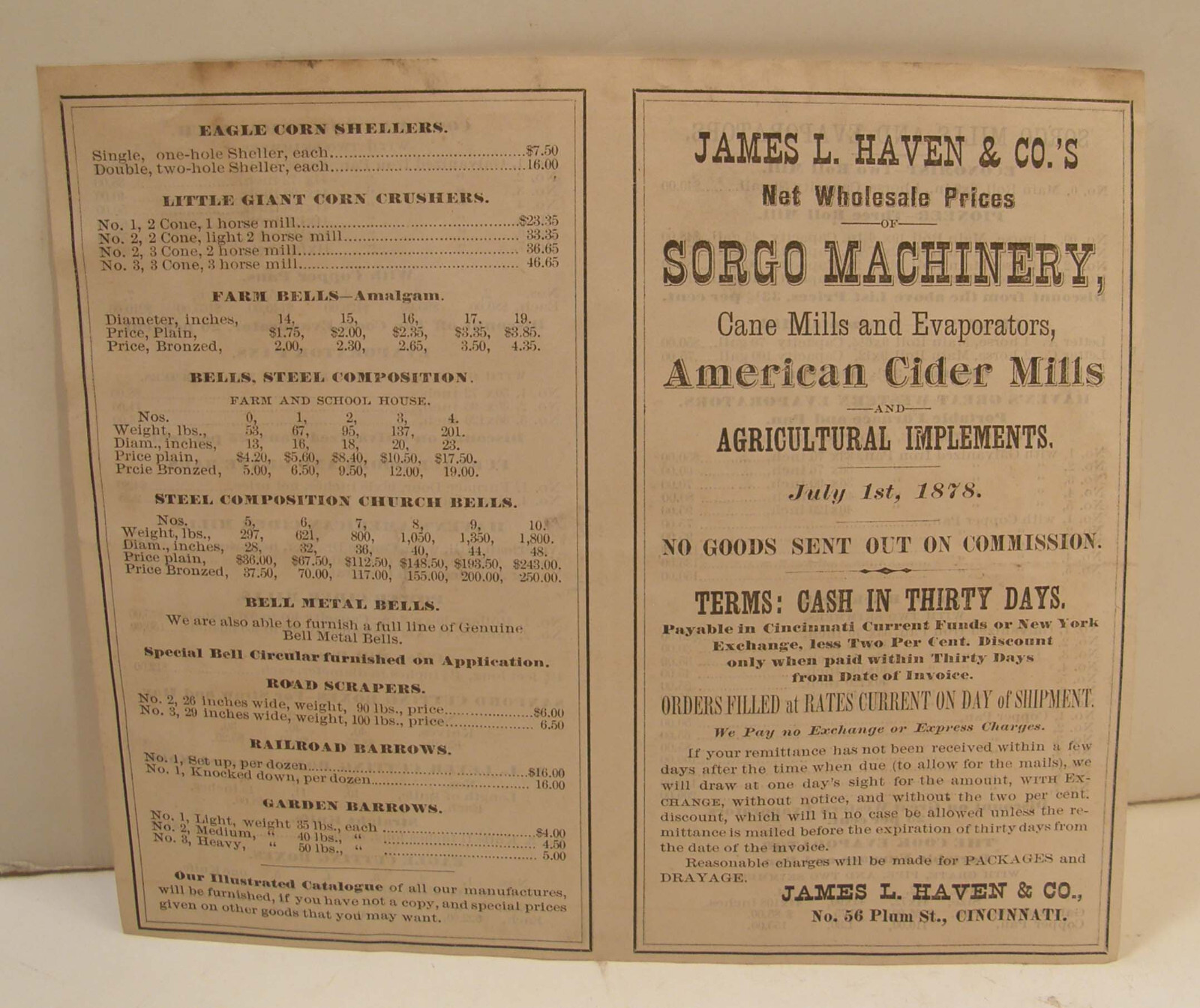 ANTIQUE 1878 AGRICULTURAL MACHINERY PRICE LIST JAMES HAVEN & CO CINCINNATI OH