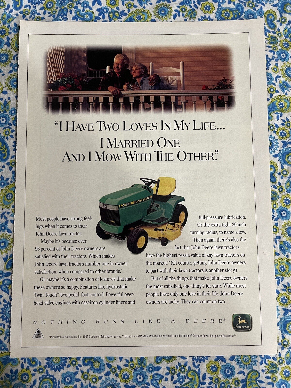 Vintage 90’s John Deere Garden Tractor Print Ad Two Loves In My Life