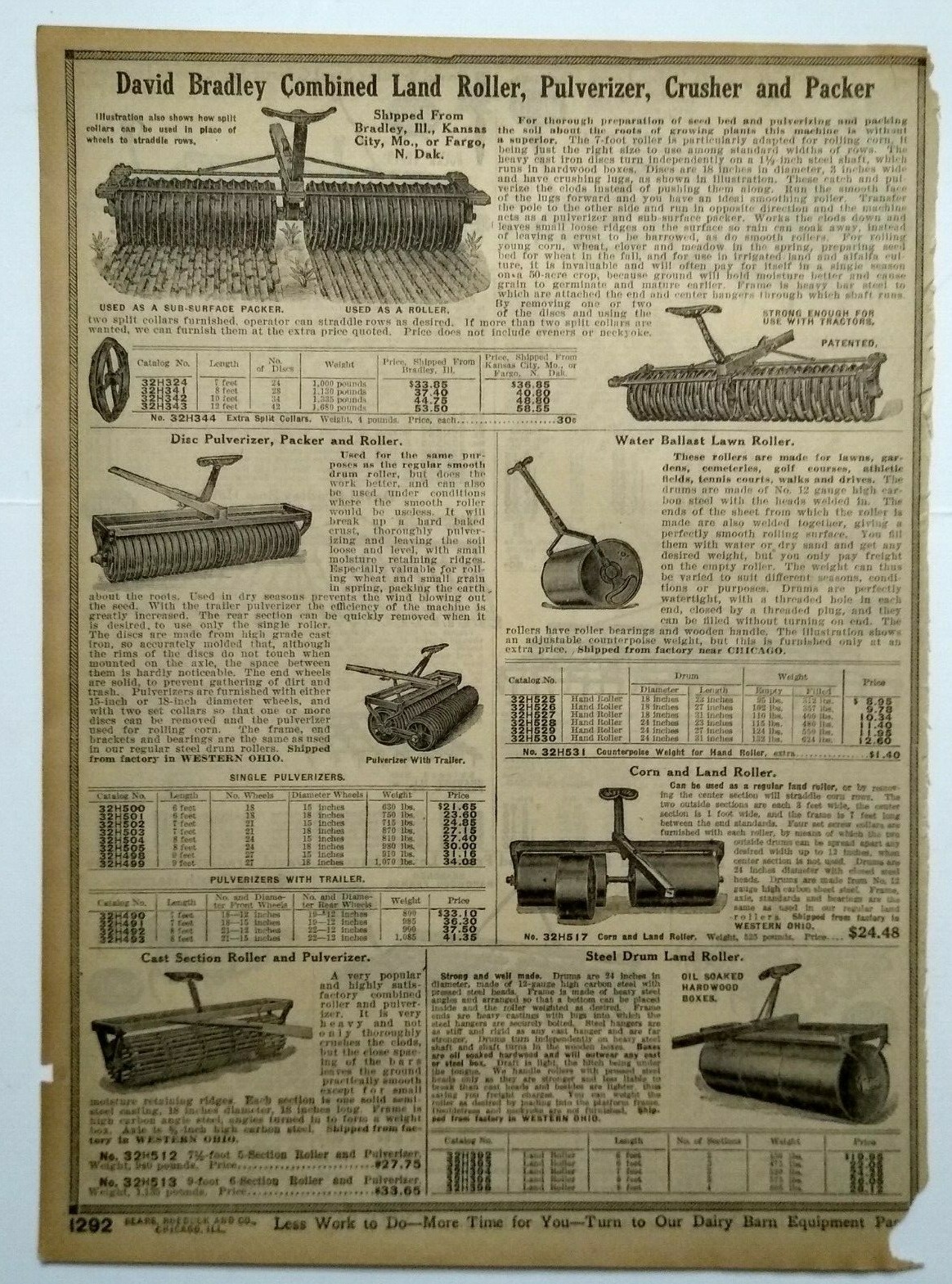 1917 David Bradley Farming Machinery Art Sears Catalog Page Vintage Print Ad